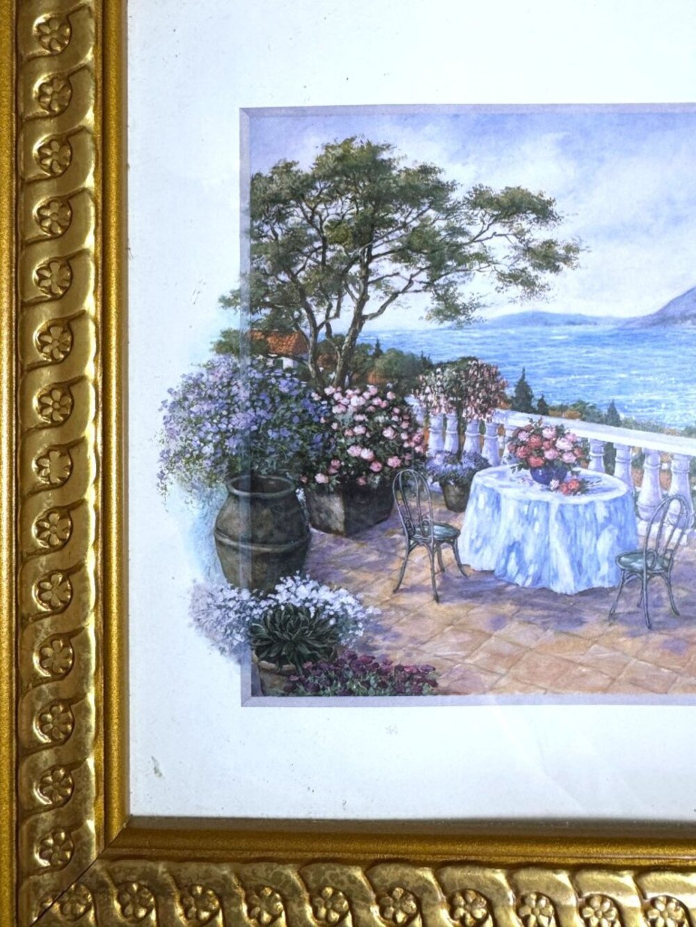 Pair of Vintage Framed Art Prints Coastal Mediterranean Deck and Balcony Scenes - Picture 9 of 11